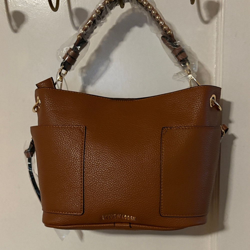 NWT Steve Madden CognacBrown BSammy Pebbled Leather Shoulder Tote